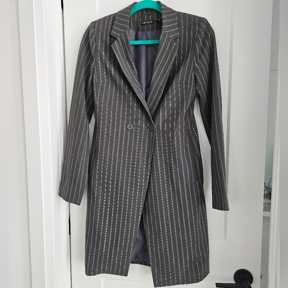 Ladies Pinstripe Skirt Suit Set - Grey and White - Picture 2 of 7